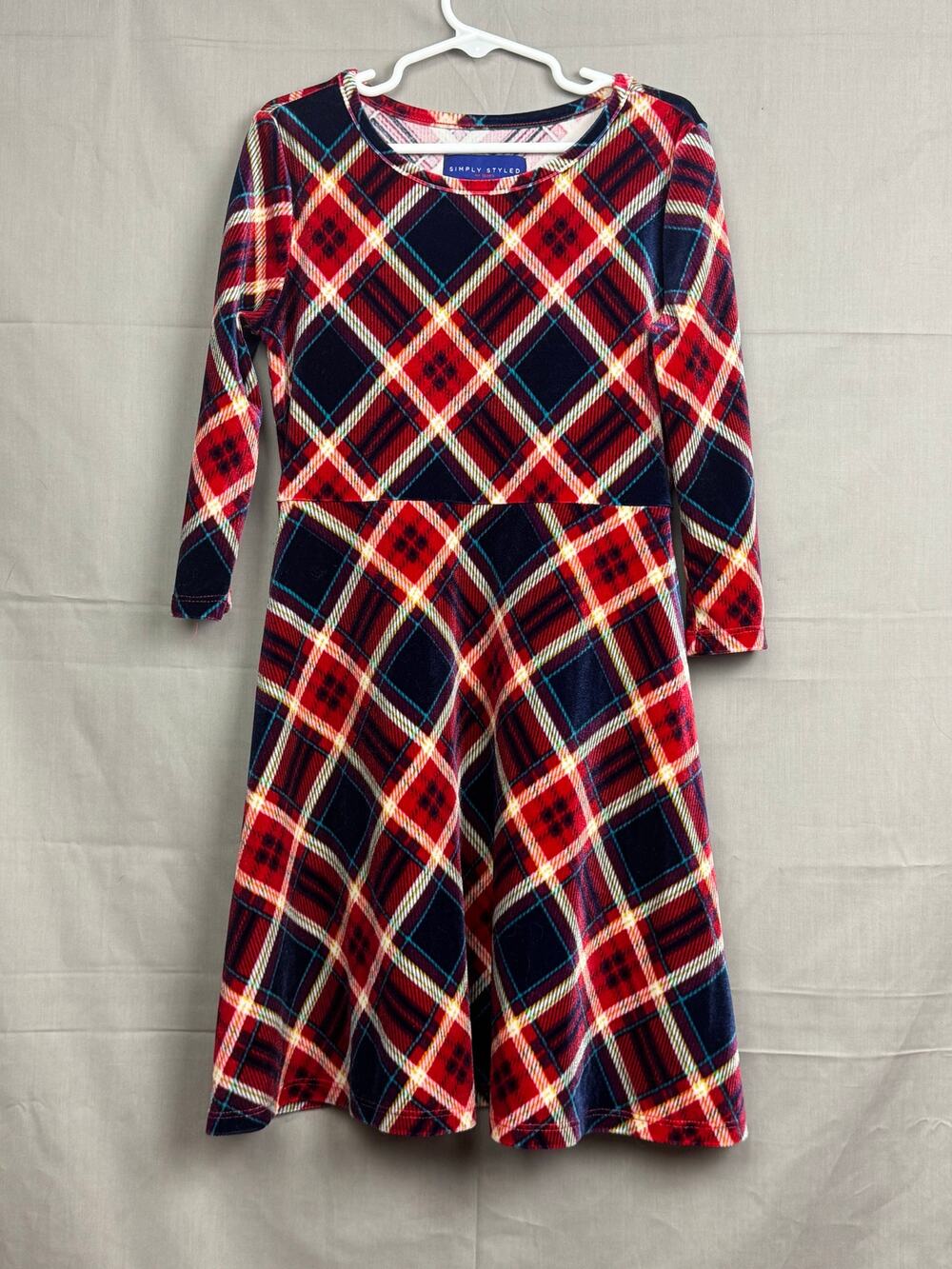Simply Styled Girls Red/Blue Plaid Velour Holiday Dress, Size 7/8